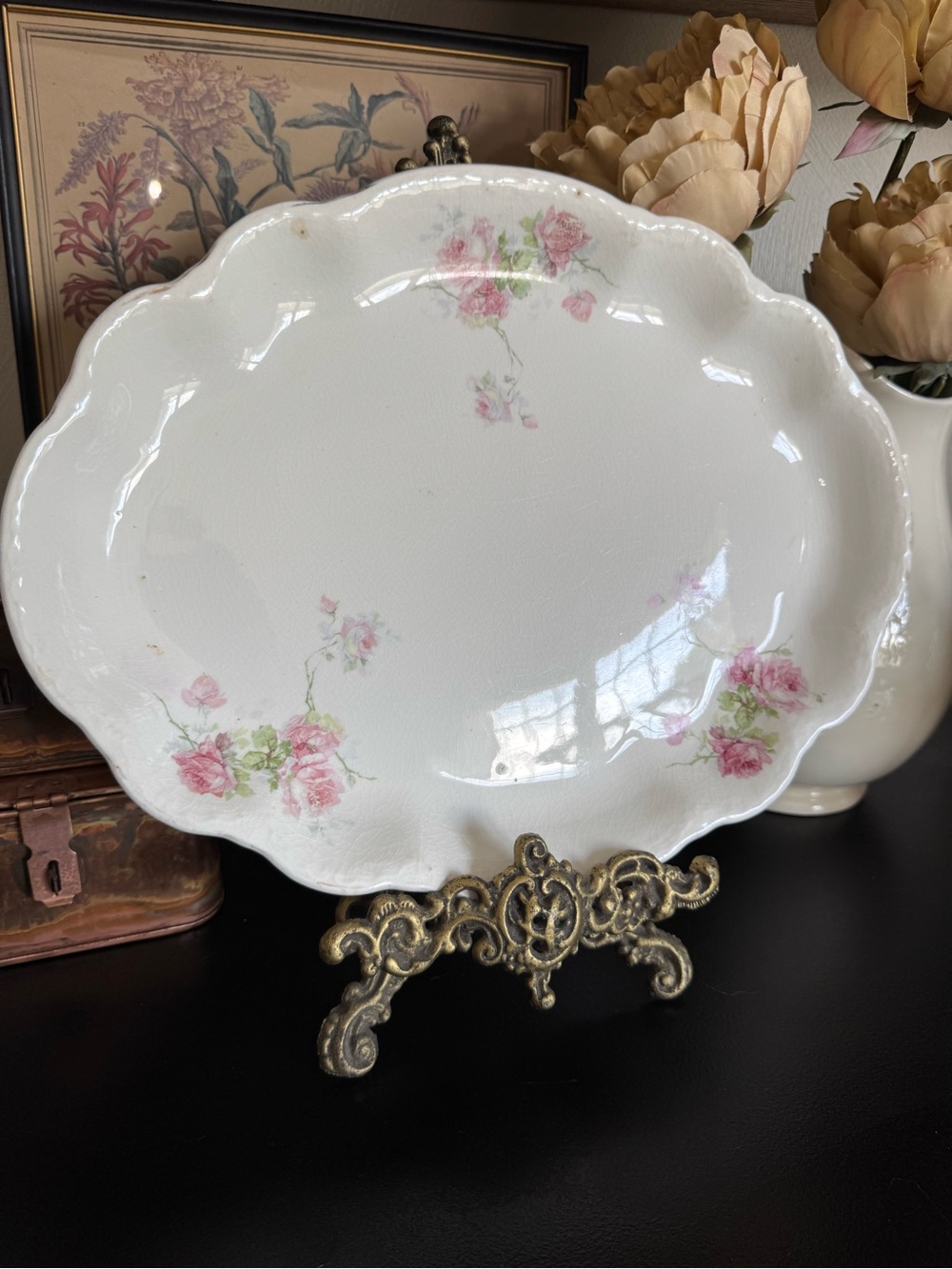 Vintage White Porcelain Serving Platter with Pink Rose Pattern